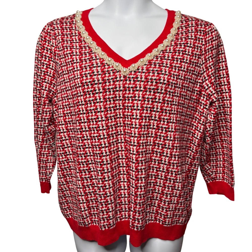 CHARTER CLUB Womens Red Houndstooth Pullover Sweater w/Pearl V-Neck XXL Coquette